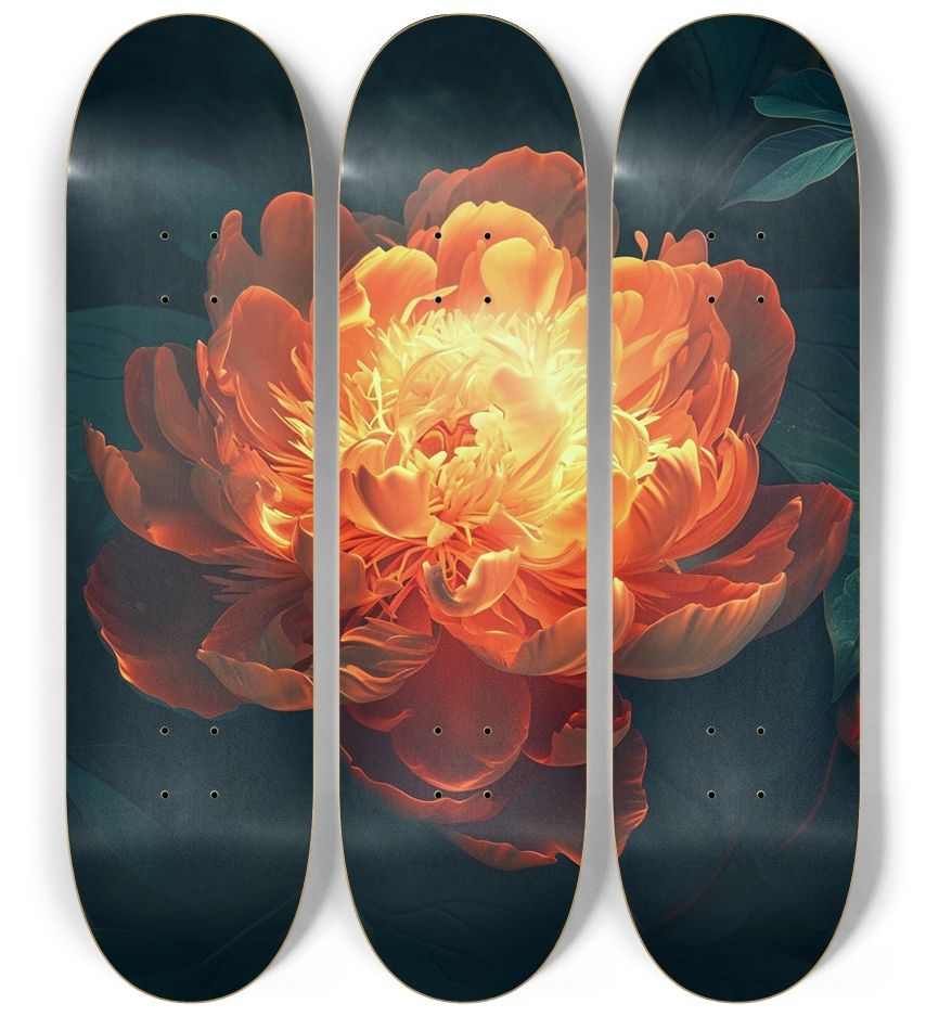 Glow in the dark Red Peony flower Skateboard 3 Deck Wall Series