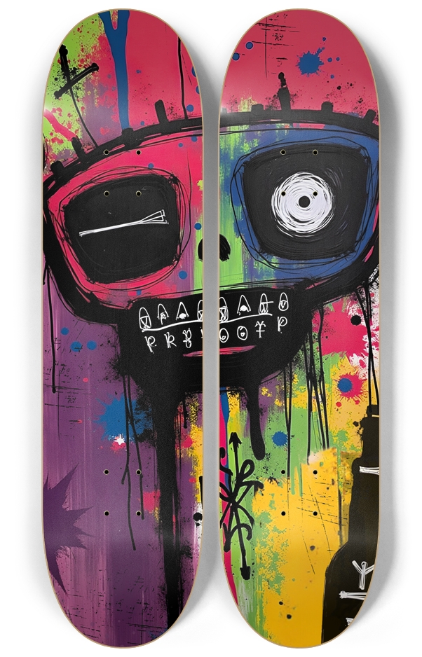 Basquiat-Inspired Neon Skull Graffiti Skateboard W
