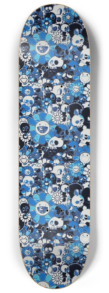 Murakami-Inspired Blue Floral Skull Skateboard Wal
