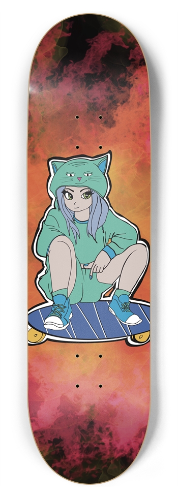 Blue-Haired Neko Girl Vibrant Skateboard Deck