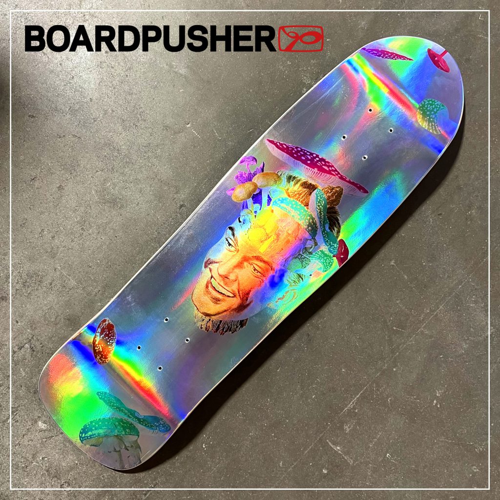 matty clark lilbuddesigns fun-guy collage art holographic foil old school custom skateboard graphics 2