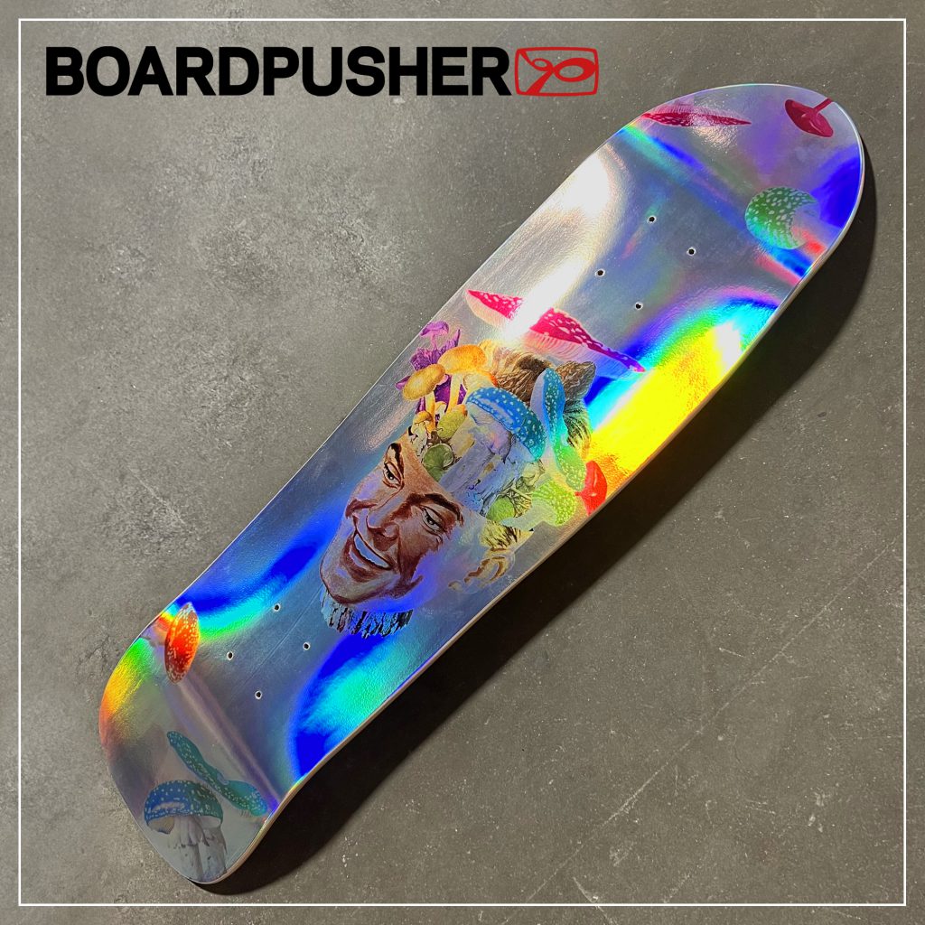 matty clark lilbuddesigns fun-guy collage art holographic foil old school custom skateboard graphics 1