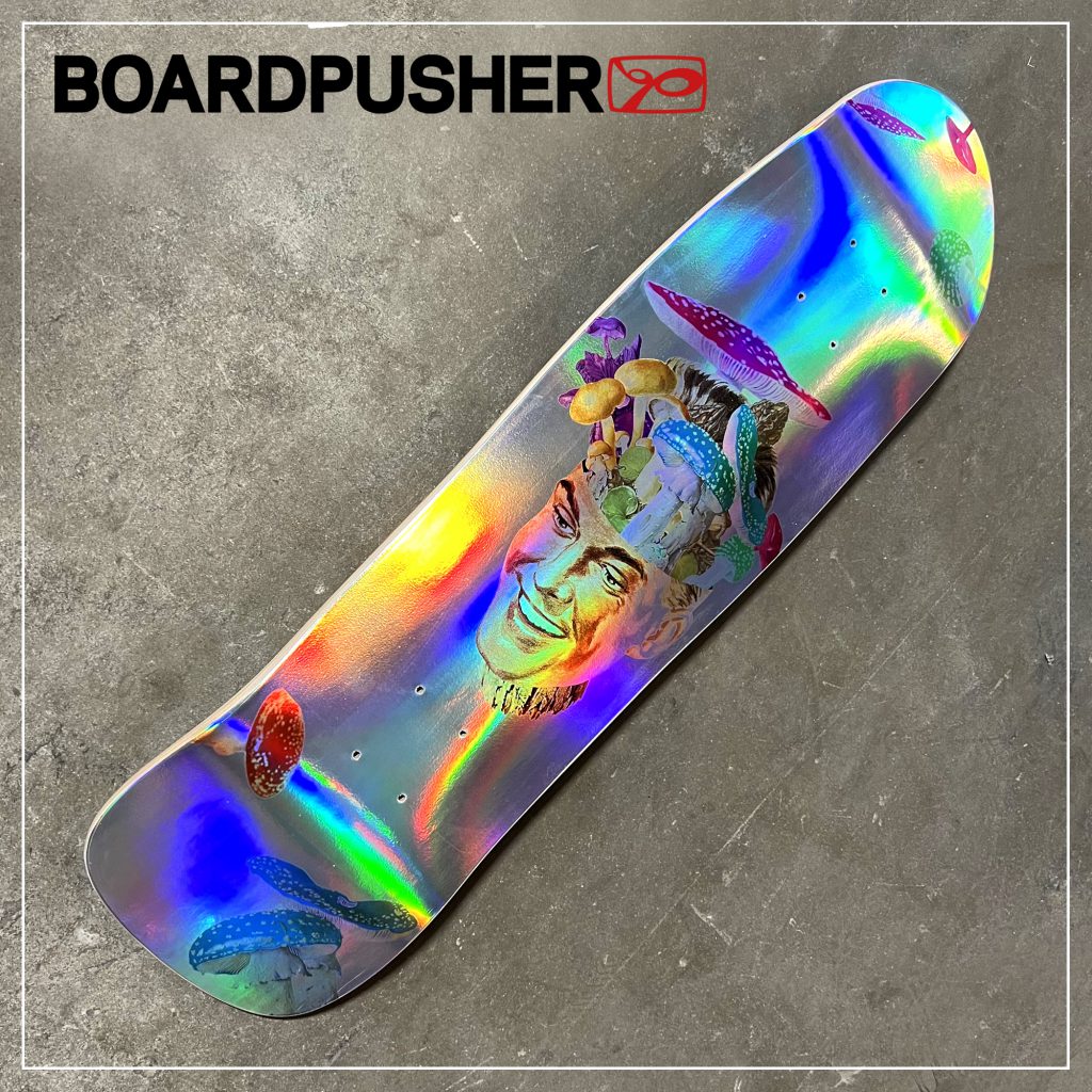 matty clark lilbuddesigns fun-guy collage art holographic foil old school custom skateboard graphics 3