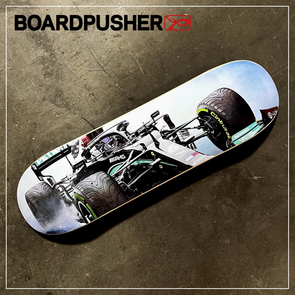 mike zagorski painting formula 1 racing lewis hamilton custom skateboard
