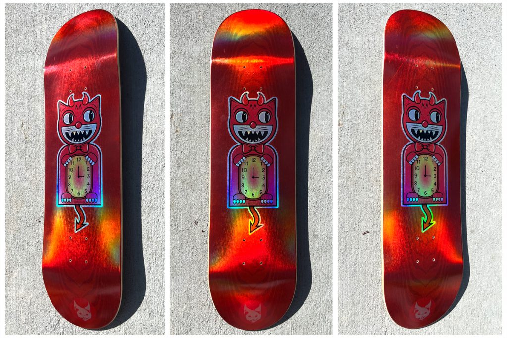 holographic base bangcreated devil cat clock custom skateboards