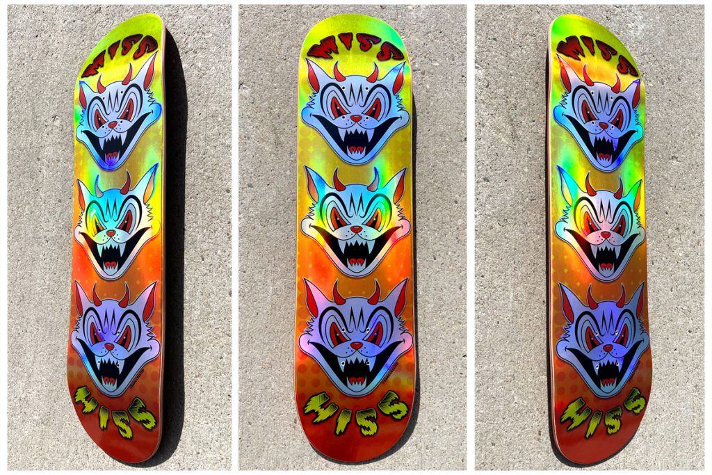 holographic base bangcreated miss hiss custom skateboards