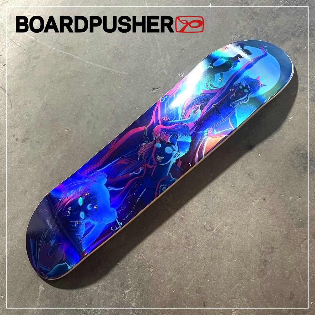 aimee cozza sailor moon holographic skateboard design anime vampire scouts vaporwave angle 1