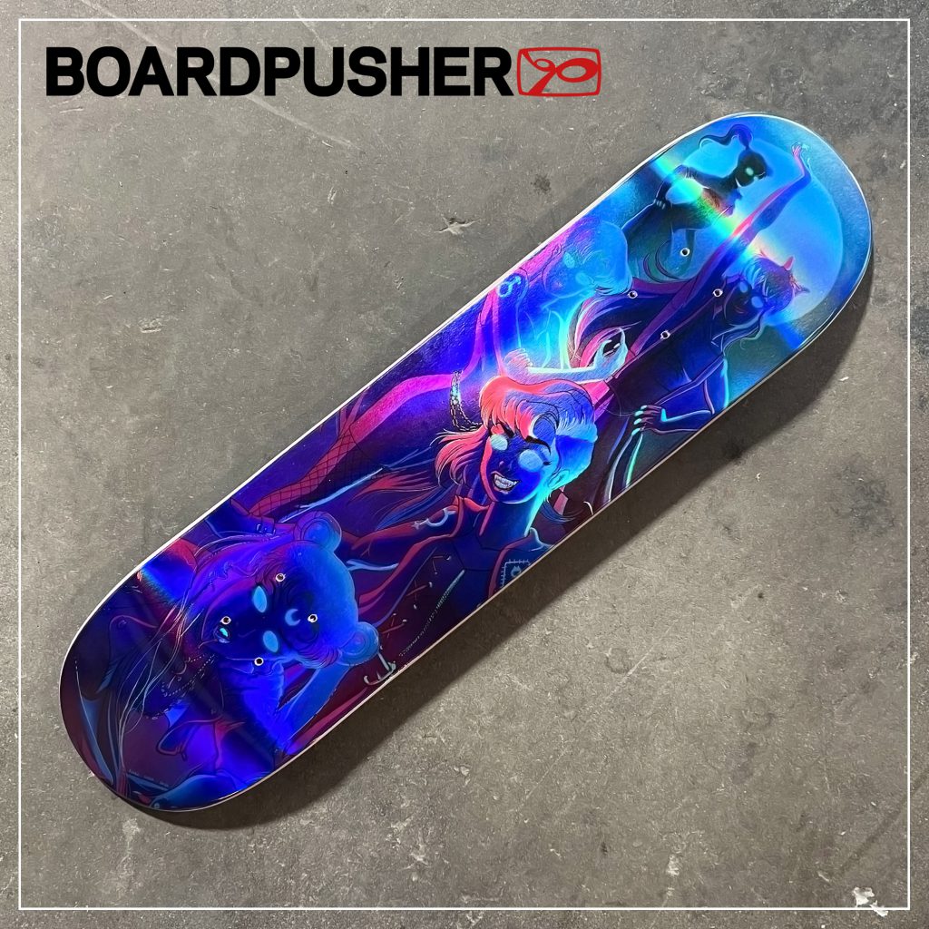 aimee cozza sailor moon holographic skateboard design anime vampire scouts vaporwave