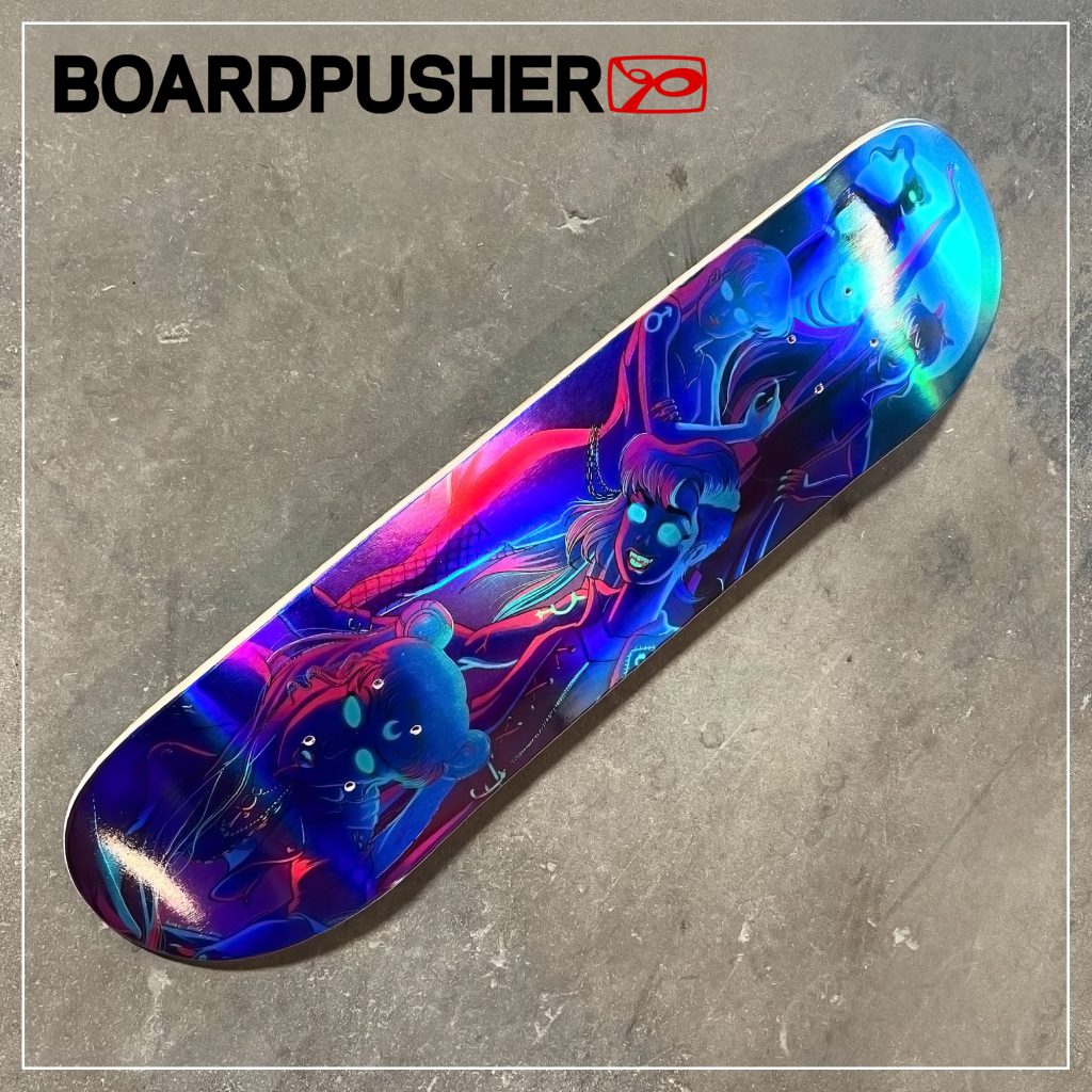 aimee cozza sailor moon holographic skateboard design anime vampire scouts vaporwave angle 2