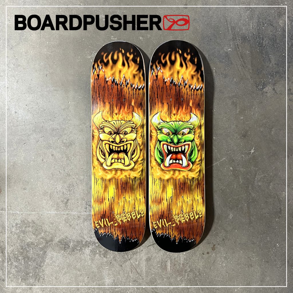 evil pebble tiki green gold custom-skateboard graphics