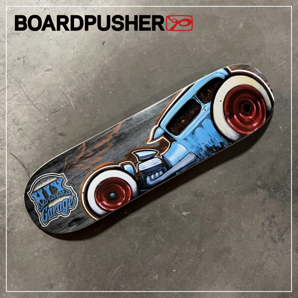 jason hicks hixgarage blue sedan ratrod hot rod hand-painting digitized custom skateboard