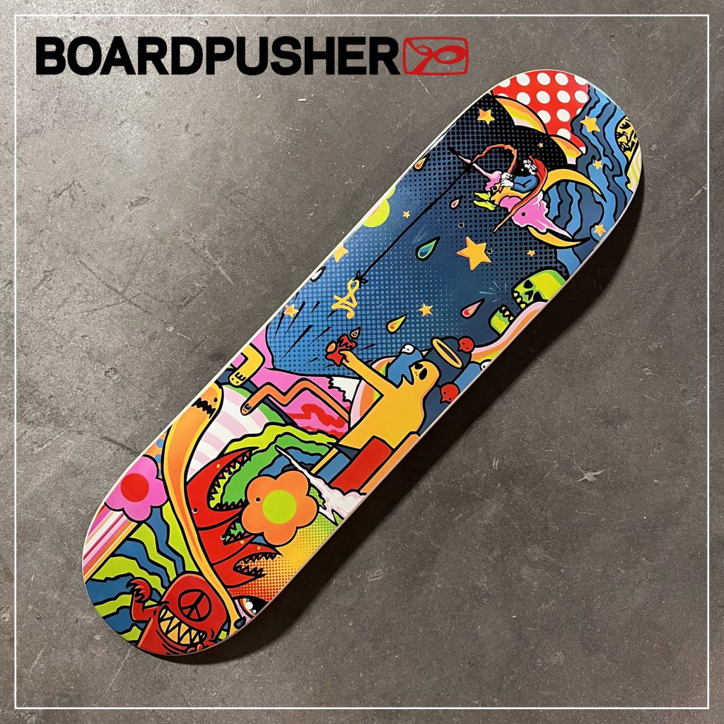 thomas kellar foolish landscape peter max inspired custom skateboard hippie psychedelic skate culture