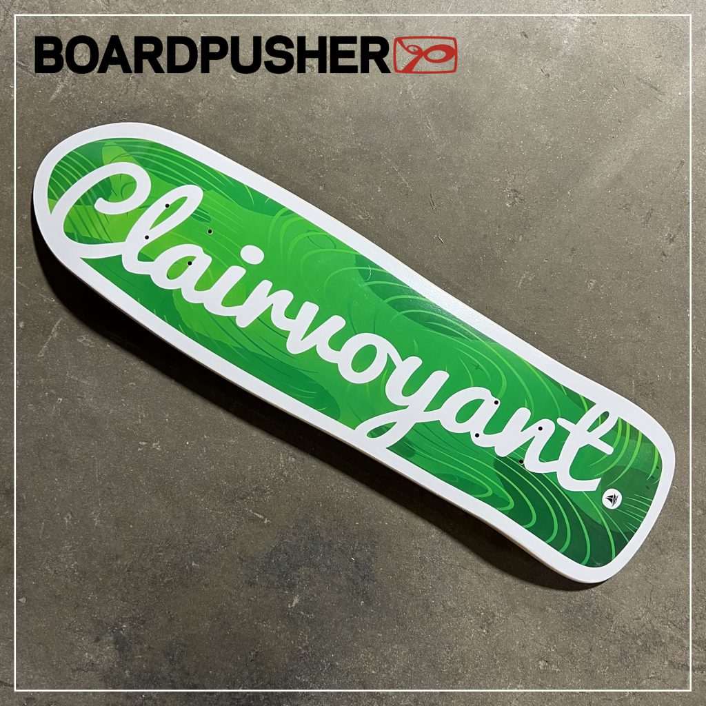 clairvoyant skate co green retro rocket-old school custom skateboard graphics