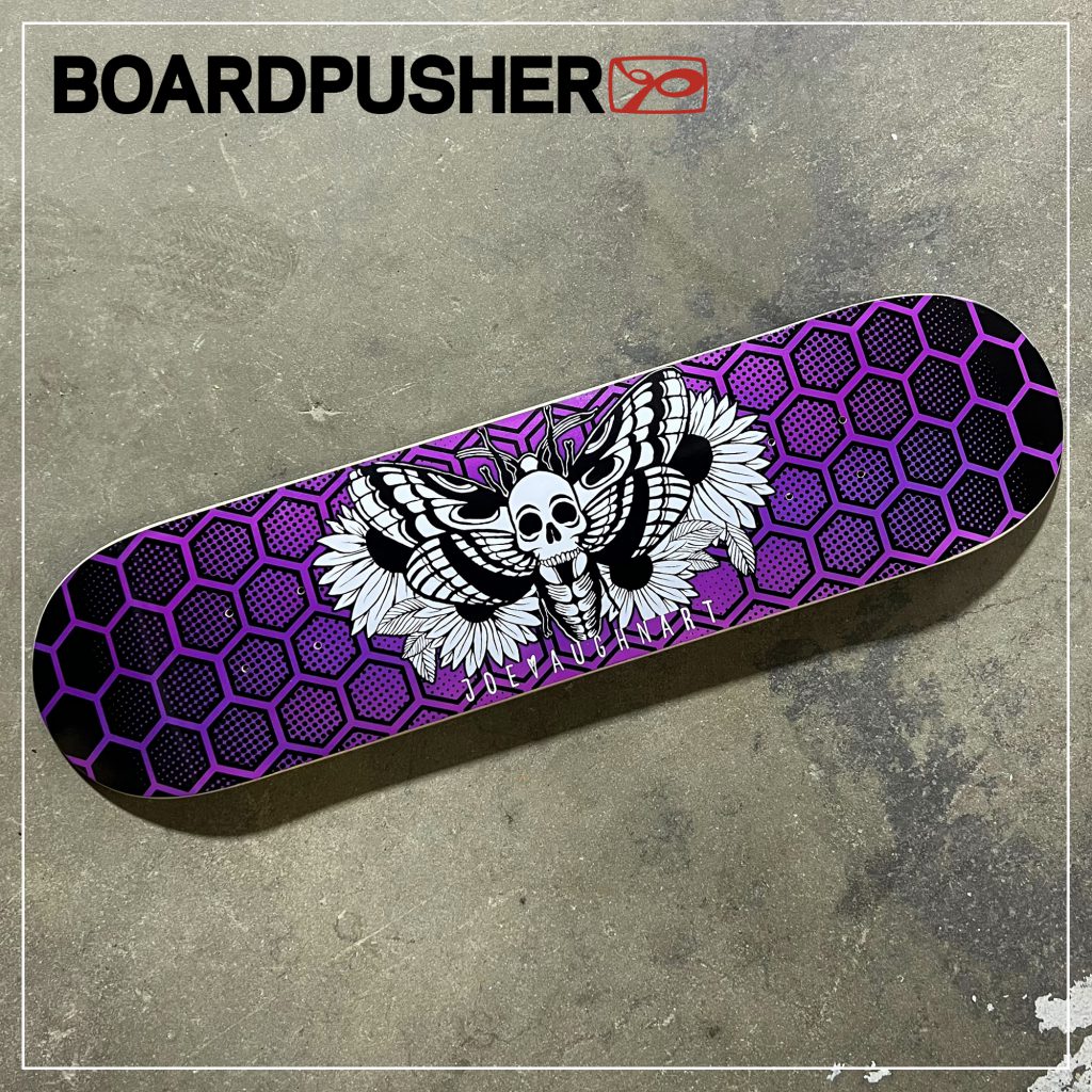 joe vaughn honeycomb death moth purple custom skateboard graphic customizable background