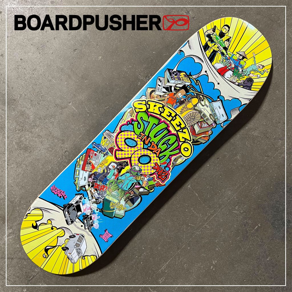 louis petersen skeezo stuck in da 90s retro nostalgia hip hop mixtape custom skateboard graphic