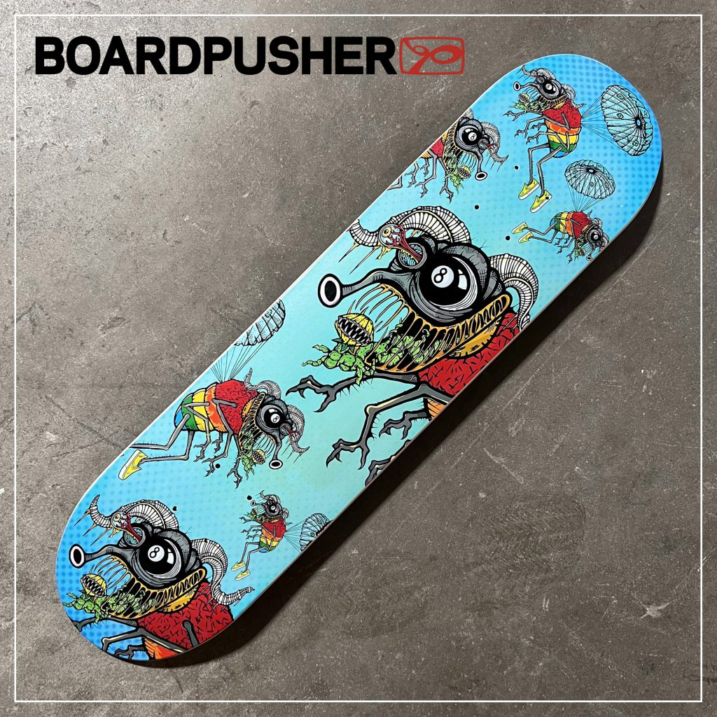 funky flies jon gicewicz lisa sotero 8 ball parachute insect fly rainbow custom skateboard graphic