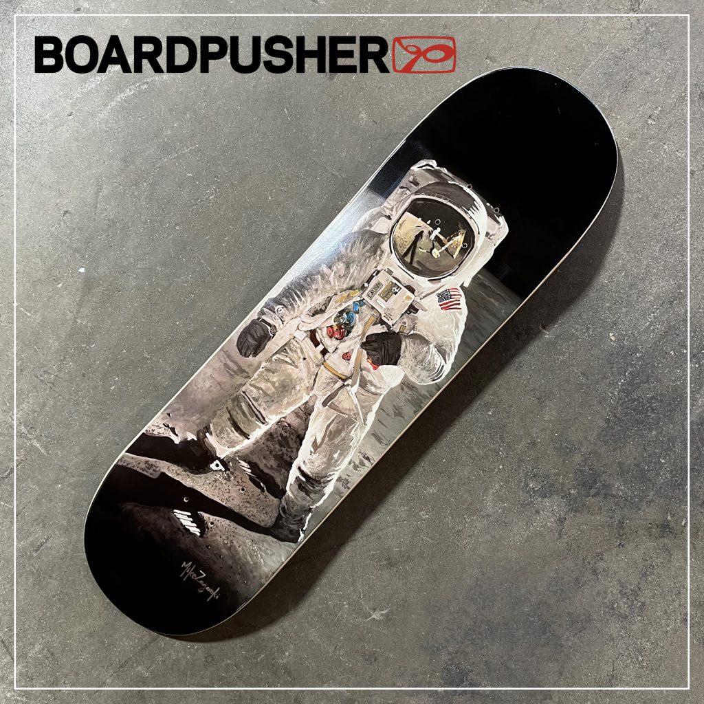 mike zagorski buzz aldrin astronaut painting custom skateboard graphic glow in the dark