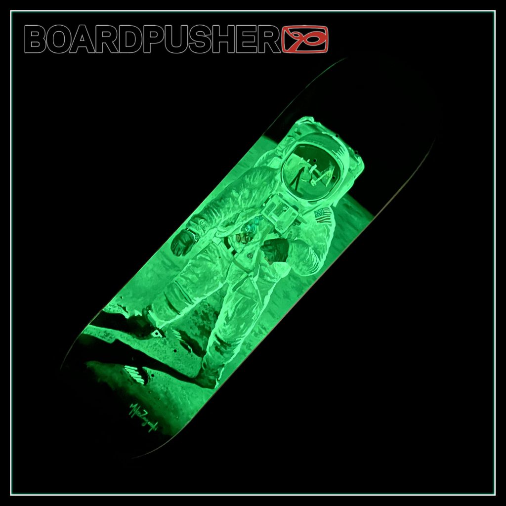 mike zagorski buzz aldrin astronaut painting glow in the dark custom skateboard graphic