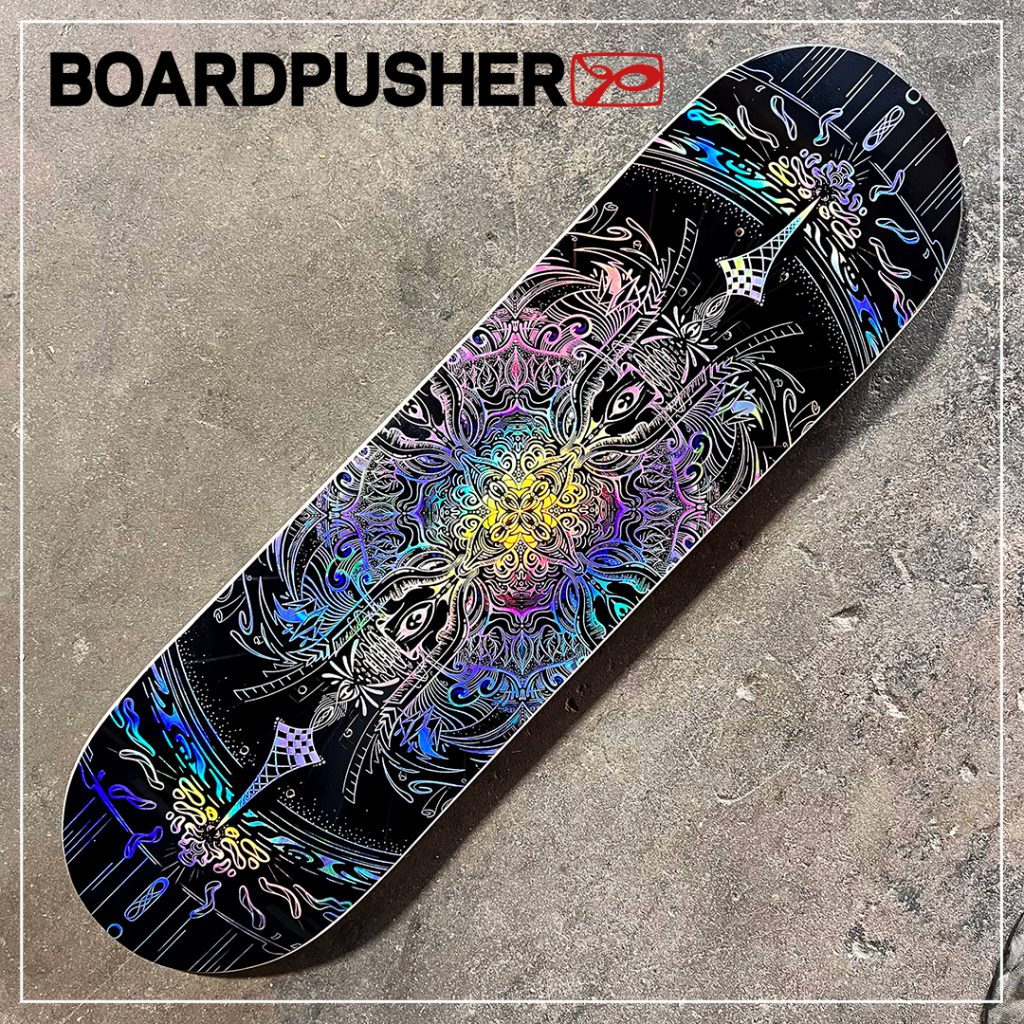 darien logan down low creations interglacatic gathering holographic custom skateboard design