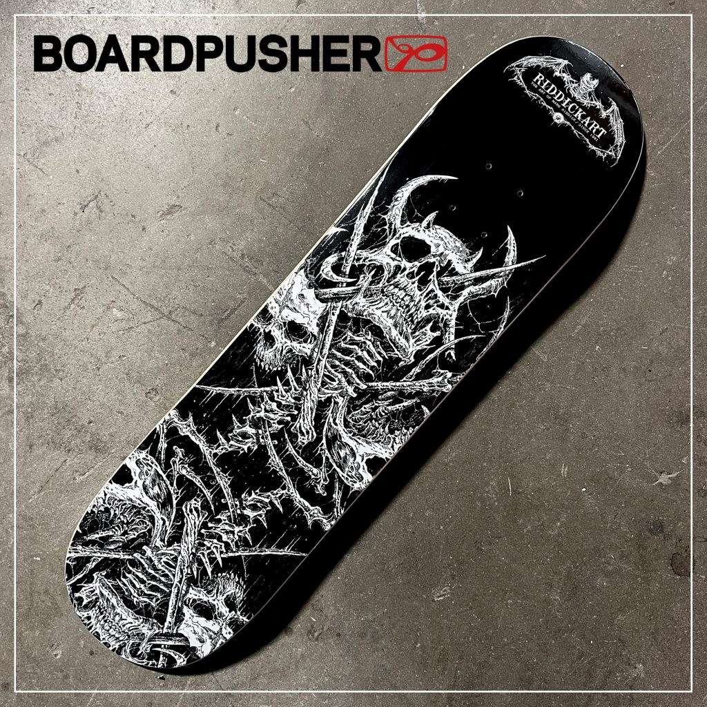 mark riddick death metal artist black and white art ink skeleton custom skateboard graphic