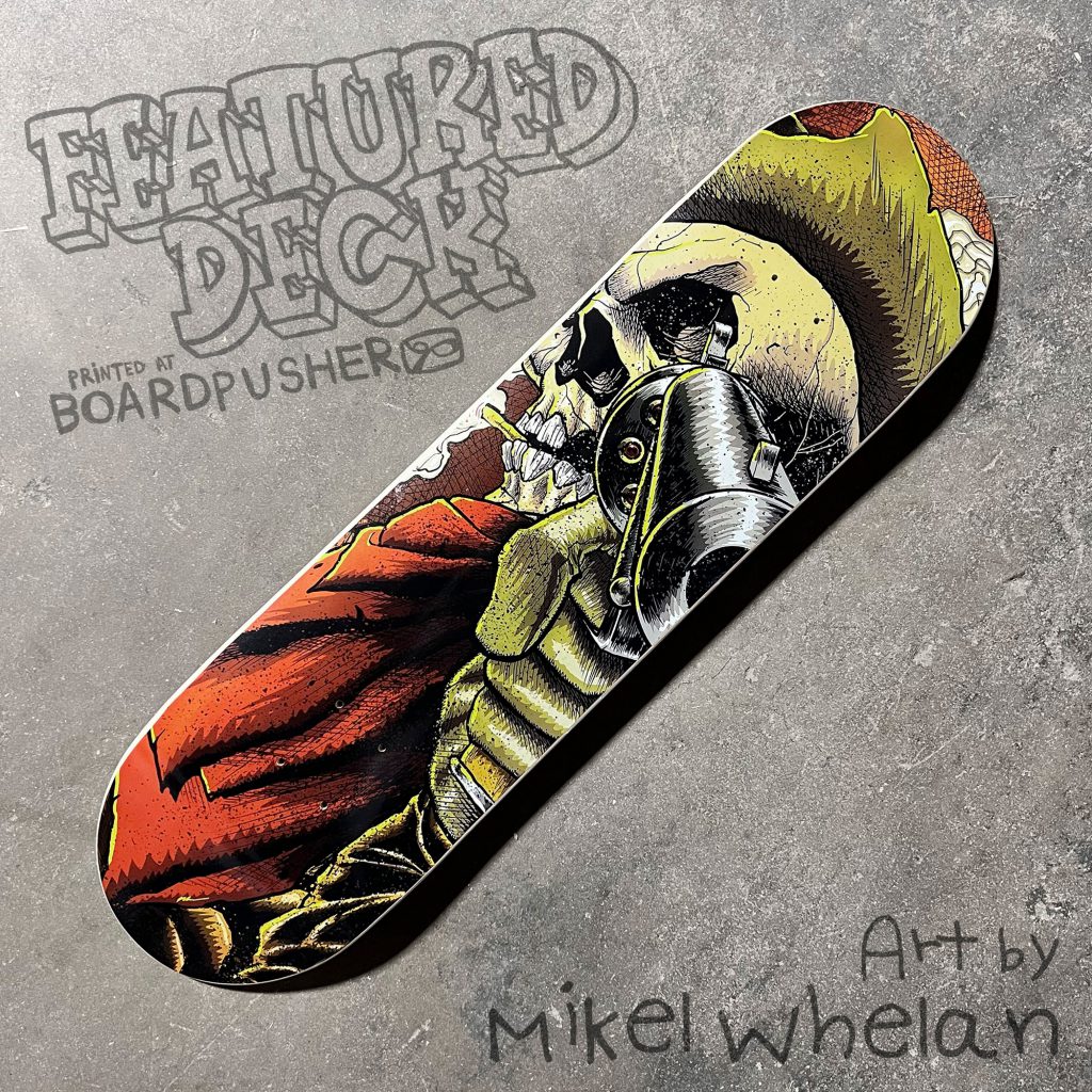 skull cowboy mikel whelan skeleton custom skateboard graphic