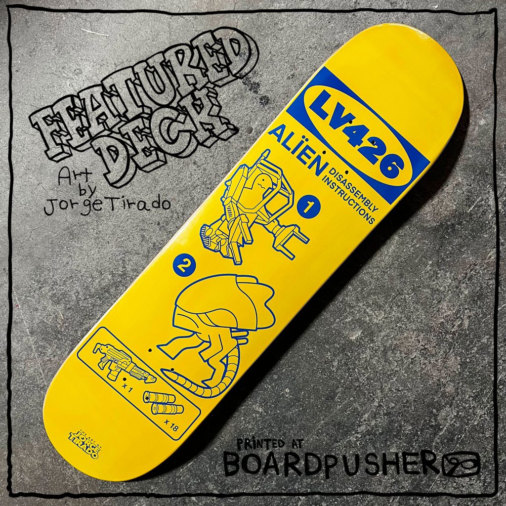 jorge tirado custom skateboard graphic alien horror movie ikea funny spoof art parody