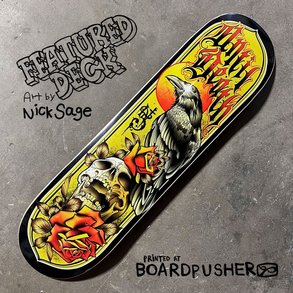 nick sage tattoo artist skrbl skull crow traditional rose custom skateboard graphics