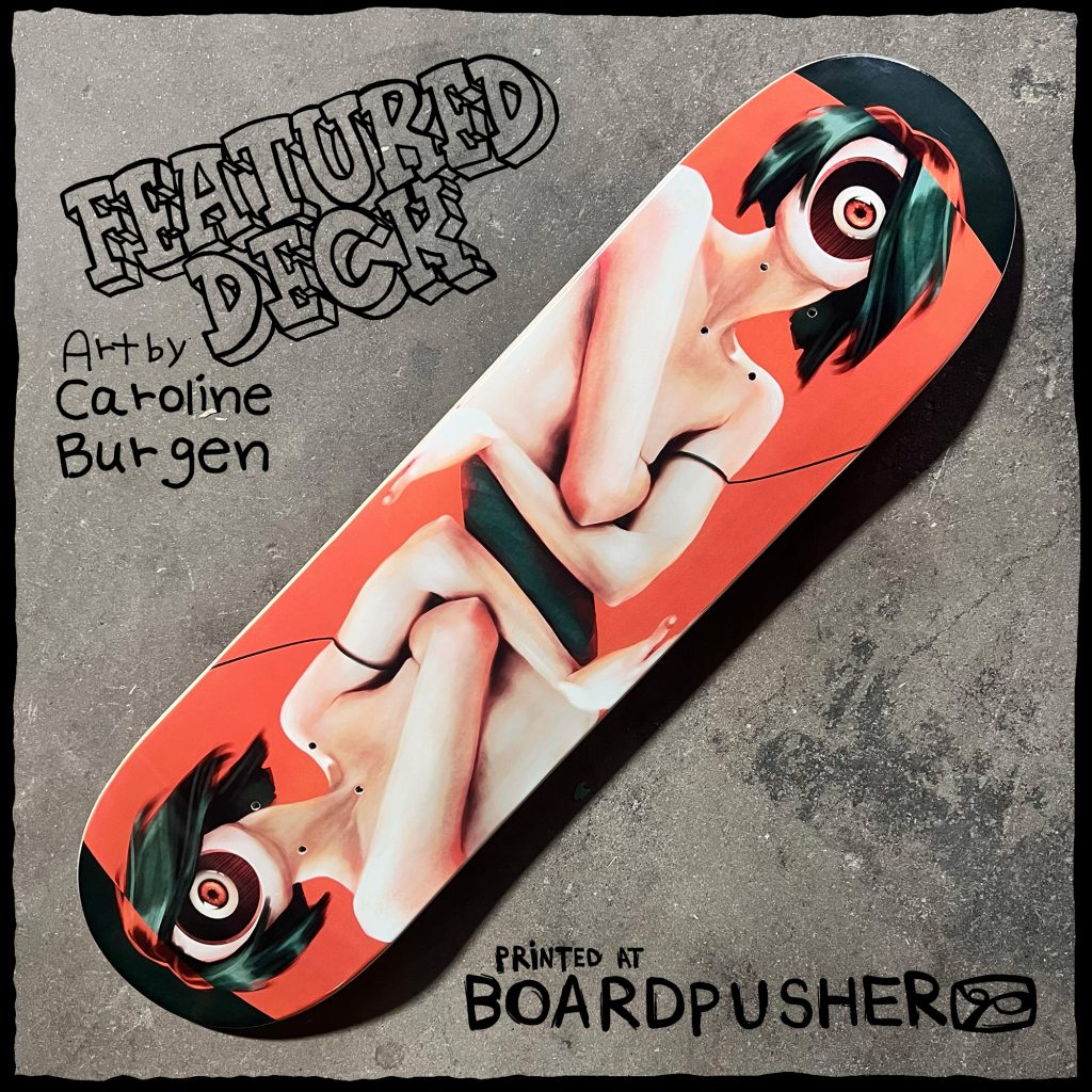 strung caroline burgen cyclops red eye glow in the dark custom skateboard graphics