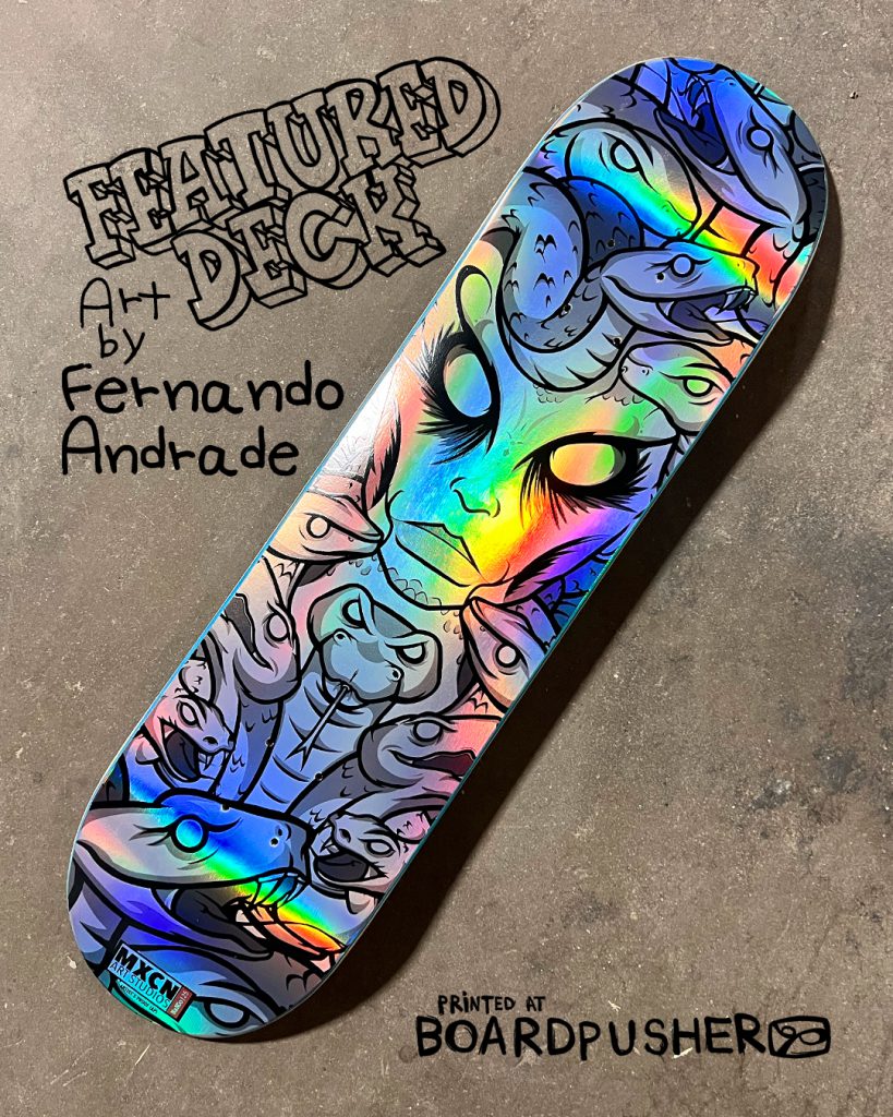 holographic custom skateboard graphic medusa mexican artist fernando andrade skateboarding graphic