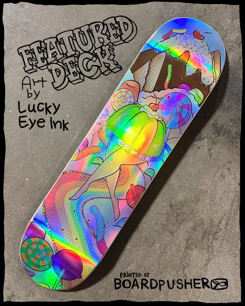 lucky eye ink holographic skateboard graphic custom art design
