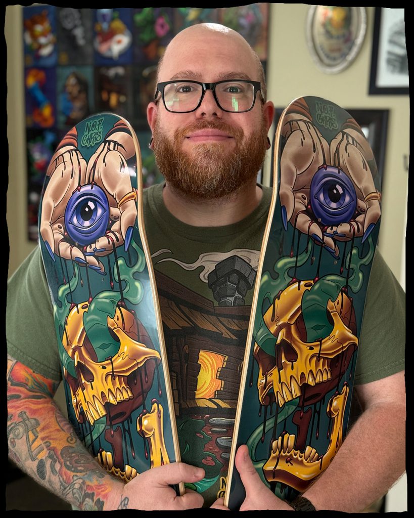 tattoo artist nof chris provenzo custom skateboard graphics bleeding skull