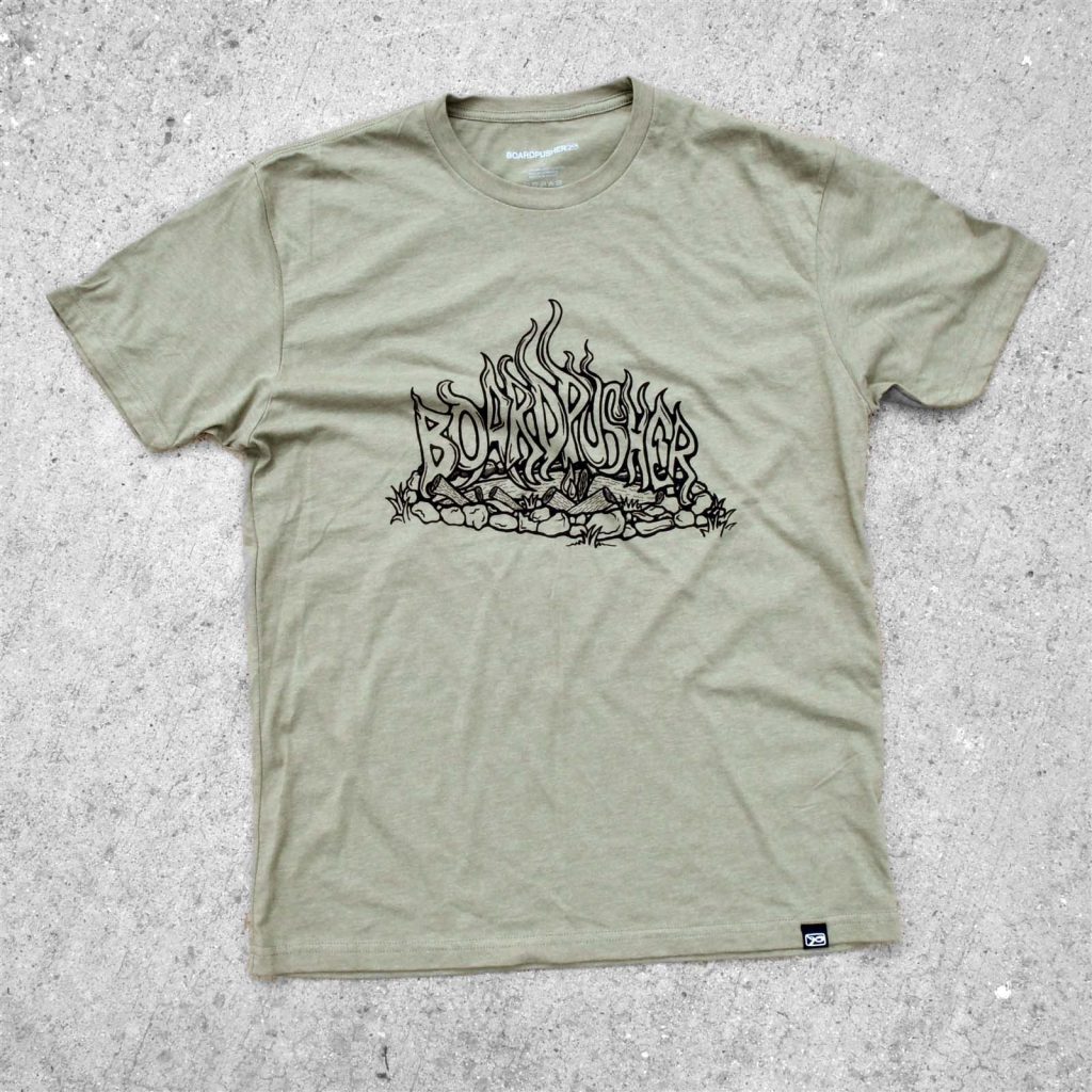 custom skateboard green t shirt campfirel ogo